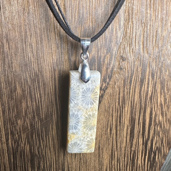Jewelry - Coral Fossil Thin Rectangle Pendant Necklace on Black Rope